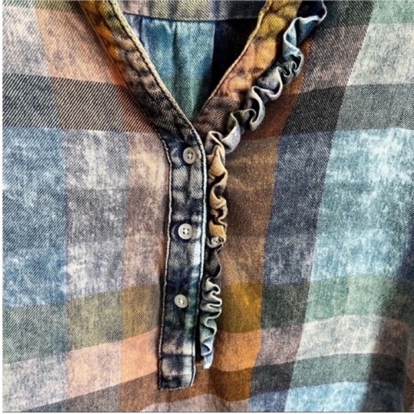 Anthropologie Isabella Sinclair Ruffled Plaid Henley shirt blue orange popover - Picture 6 of 11